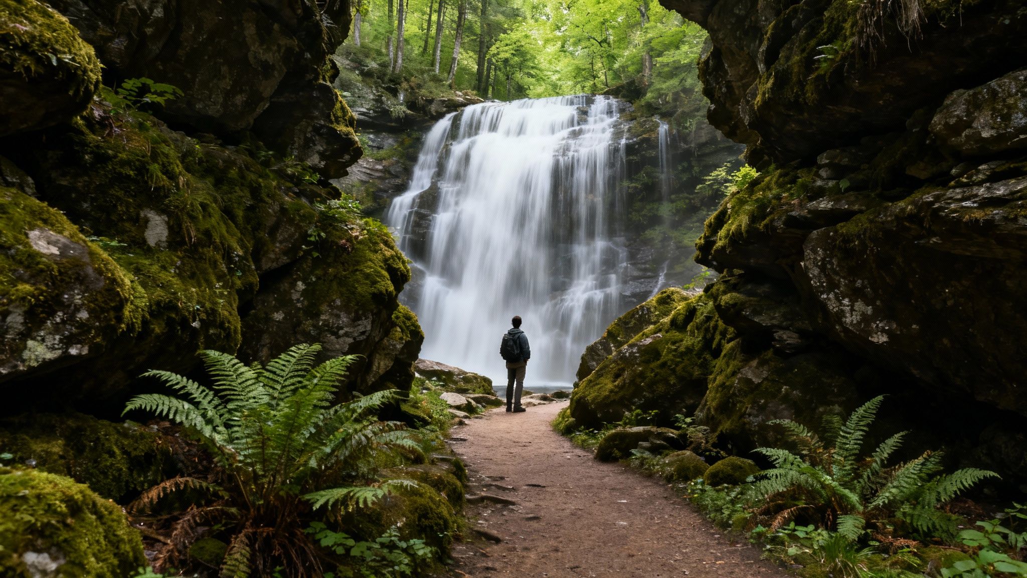 A lone person stands on a forest path, looking at a majestic, misty waterfall framed by mossy rocks.