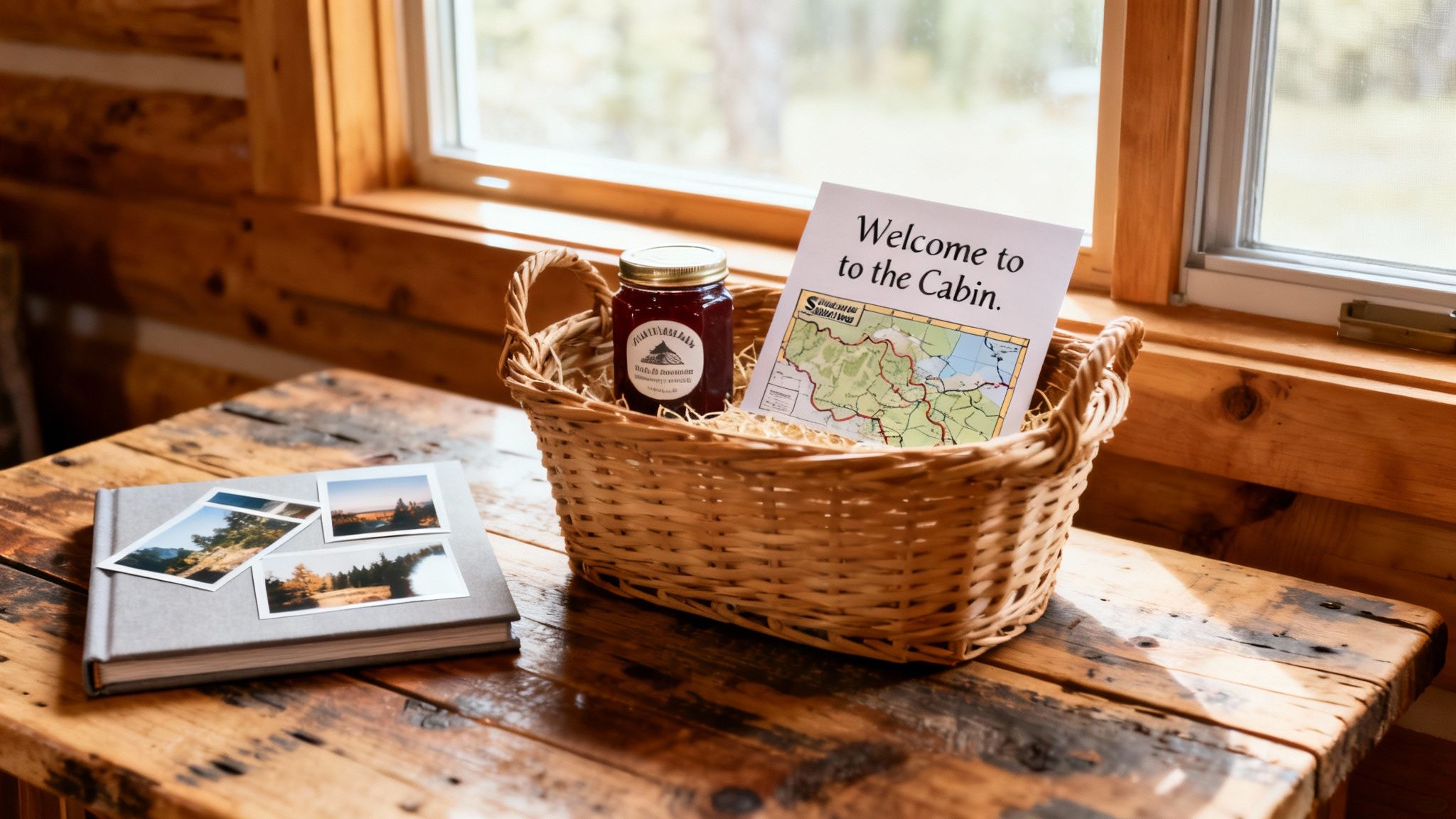 A welcome basket with jam and a map next to a photo album on a rustic cabin table.
