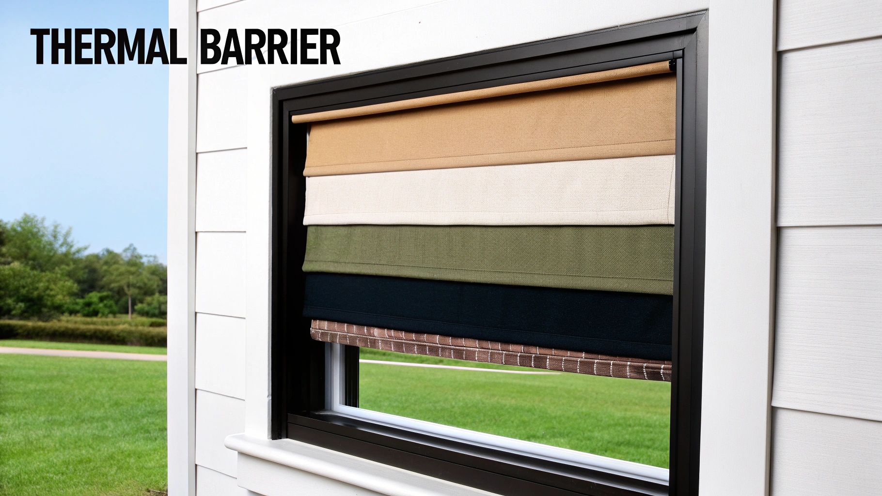 Various colored insulating Roman shades partially drawn in a window, highlighting thermal insulation.