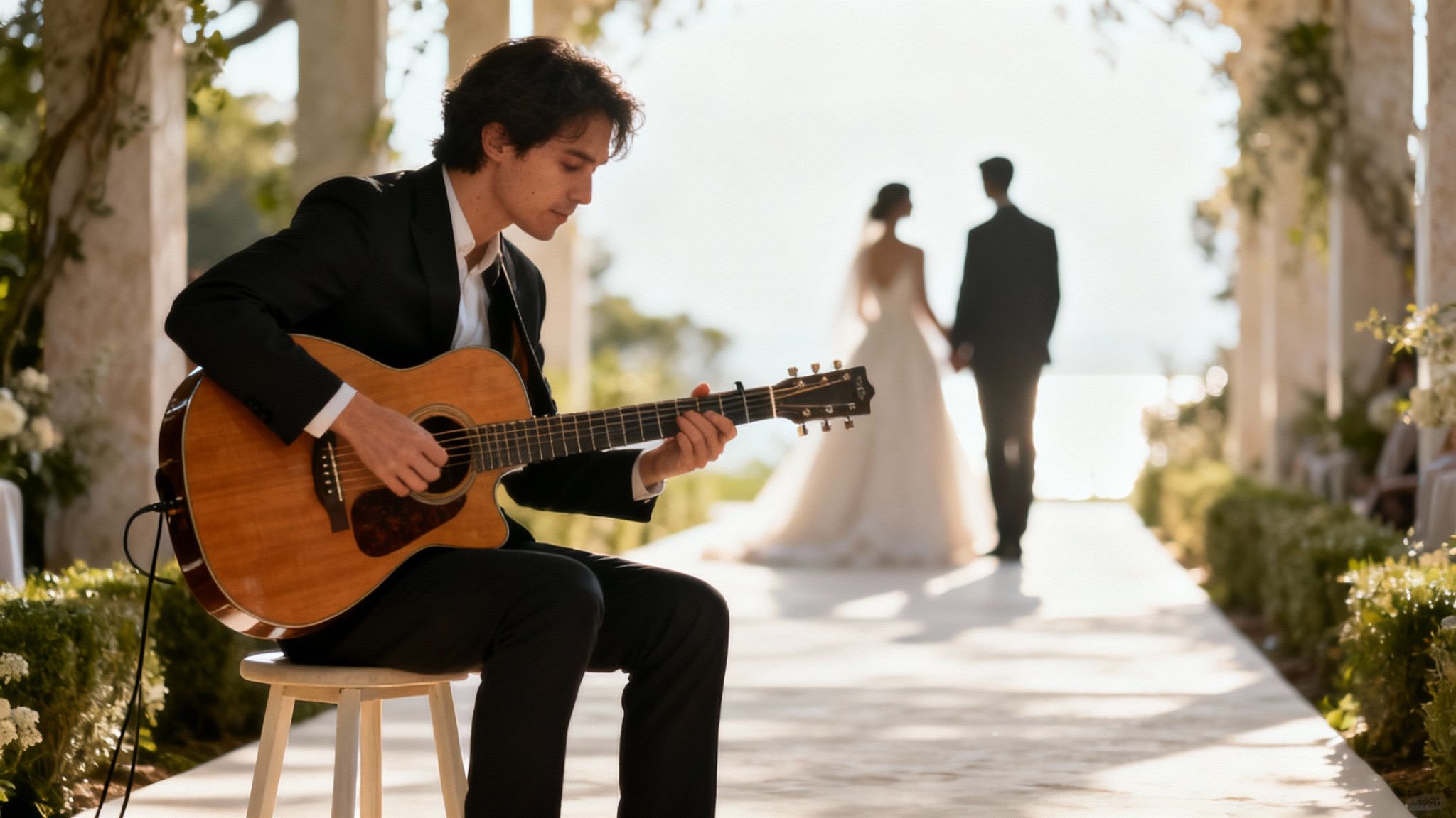 Acoustic guitarist performing live music at outdoor wedding ceremony for bride and groom