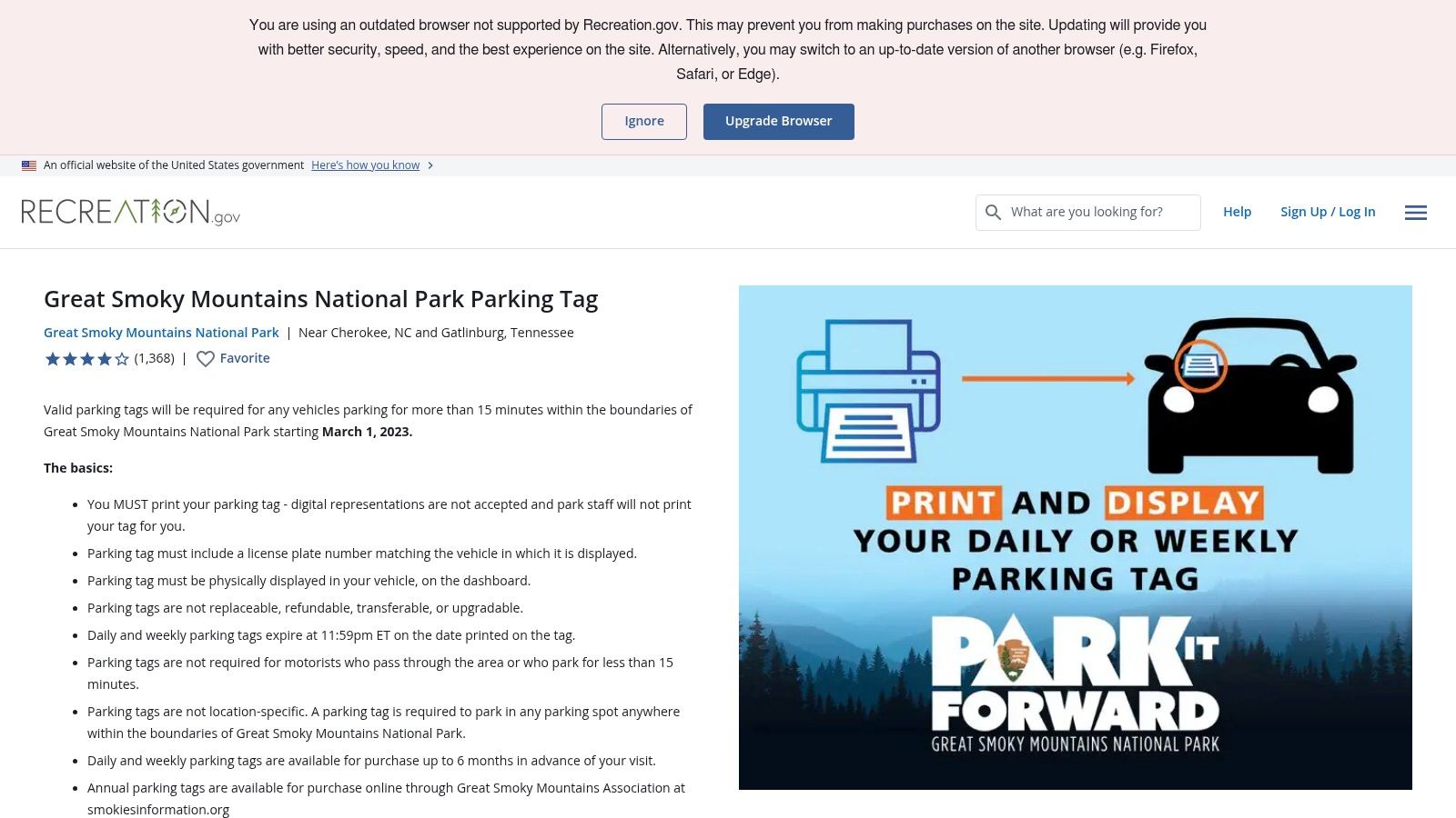 Great Smoky Mountains National Park &ndash; Parking Tags (Recreation.gov + NPS)