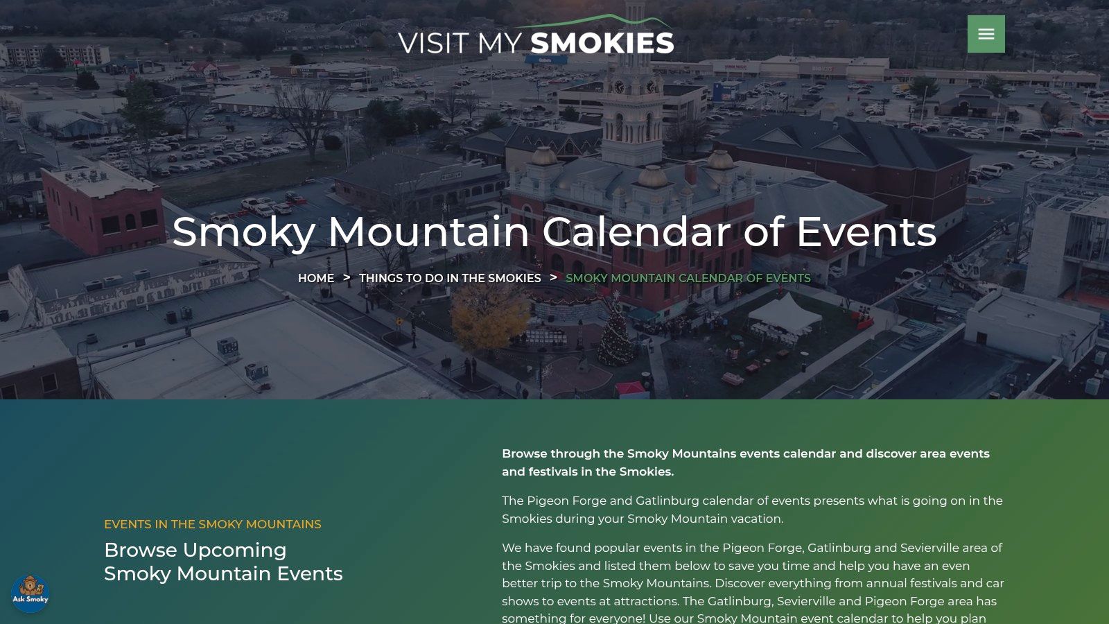 The event calendar interface on the Visit My Smokies website
