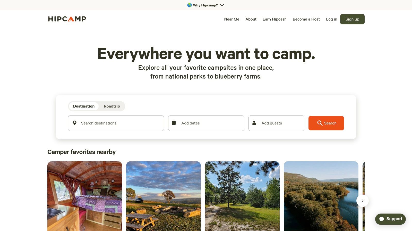 A screenshot of the Hipcamp website showcasing various outdoor stays, including yurts and cabins, with a map and search filters.