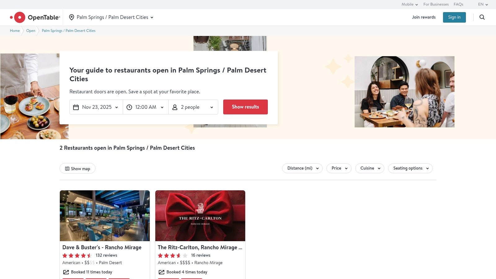 OpenTable – Palm Springs/Desert Cities restaurant reservations