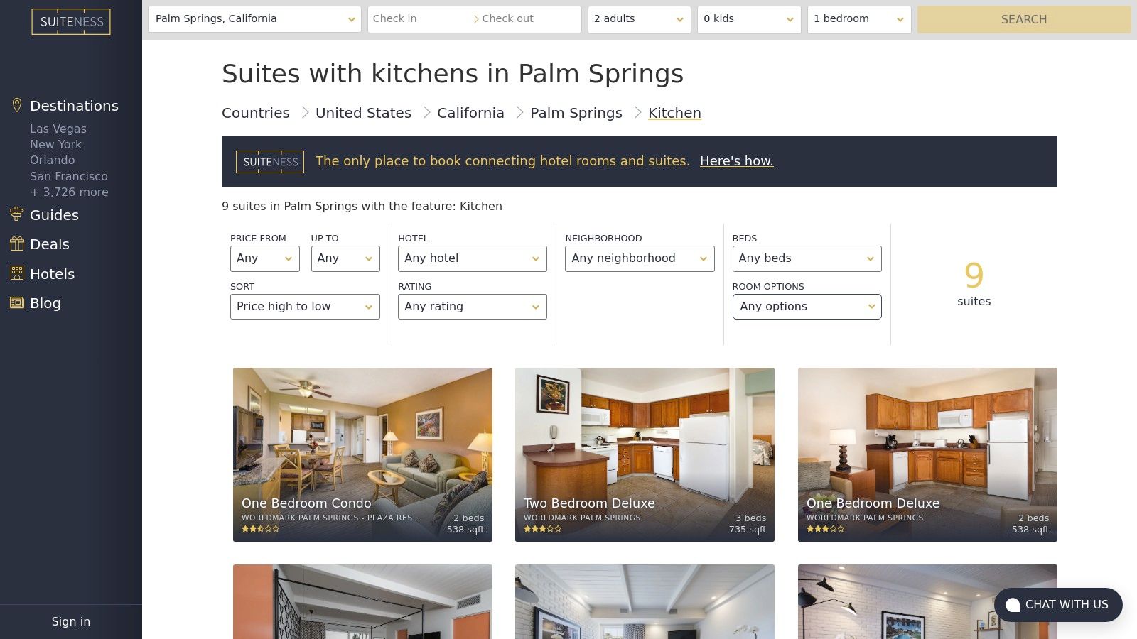 Suiteness Palm Springs hotel listings with kitchenette filter