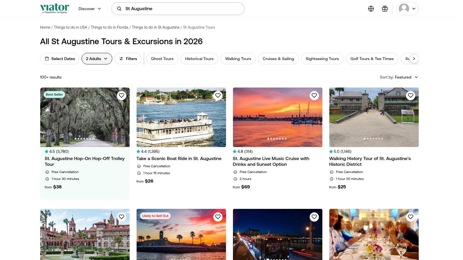 Viator website showing St. Augustine tours like boat cruises and walking tours