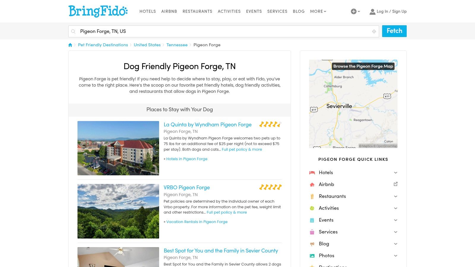 BringFido — Dog-Friendly Destination: Pigeon Forge (hub page)