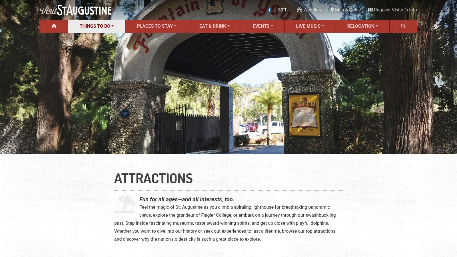 VisitStAugustine.com homepage showing a picture of the Castillo de San Marcos fort entrance