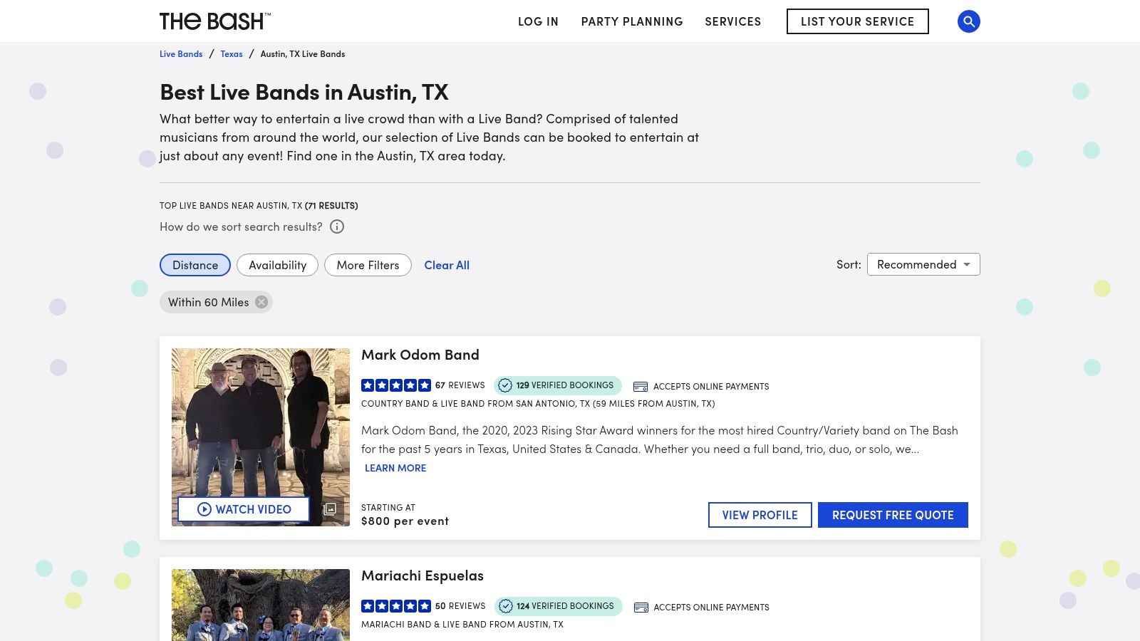 A screenshot of The Bash website showcasing search results for live bands in Austin, TX, with filters and artist profiles.