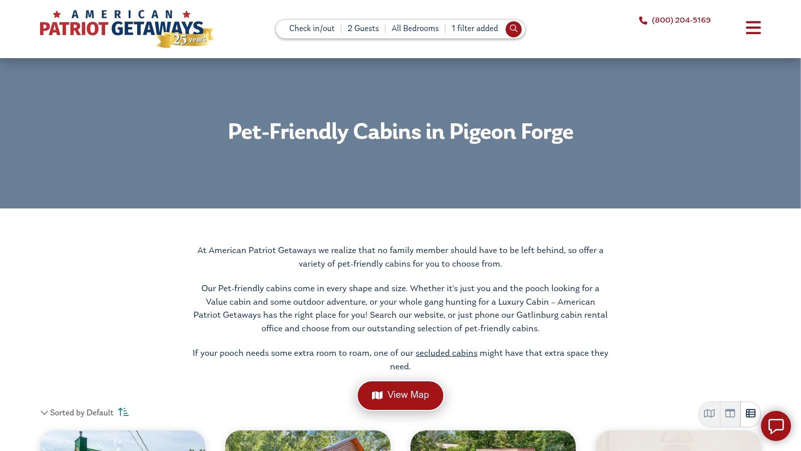 A screenshot of the American Patriot Getaways website showcasing their dog-friendly cabin search filter.