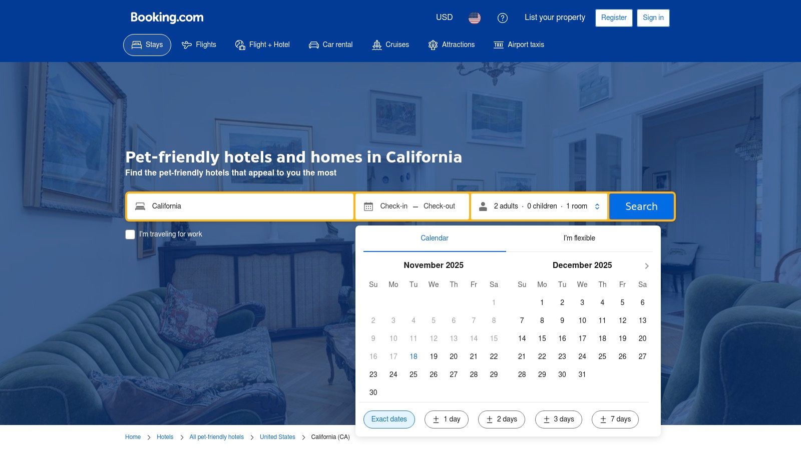 A screenshot of the Booking.com website showing a search for pet-friendly hotels in California with a map view and various hotel listings.