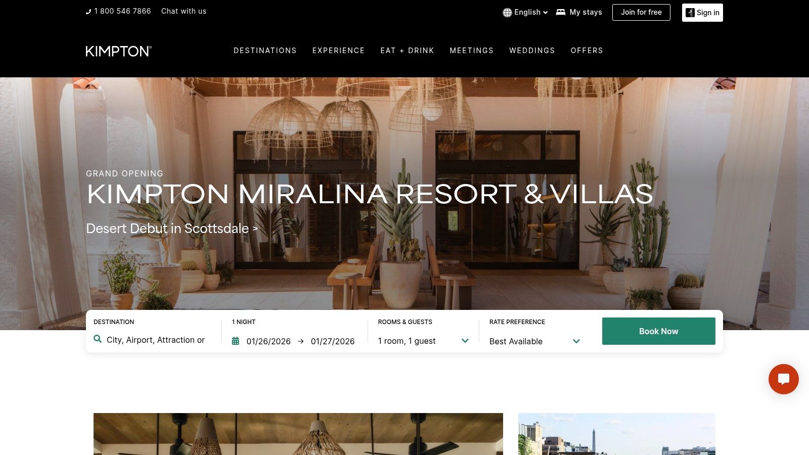 Homepage of the Kimpton Hotels website, showcasing its stylish branding and inviting design.