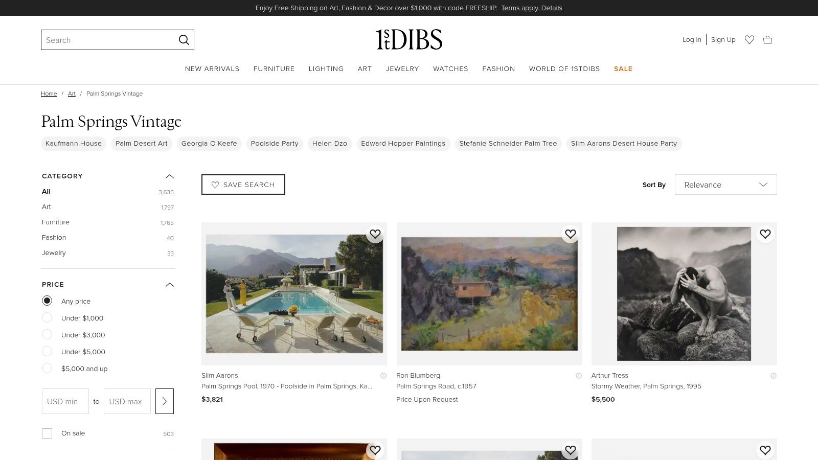 A product listing page on 1stDibs showing vintage mid-century modern furniture.
