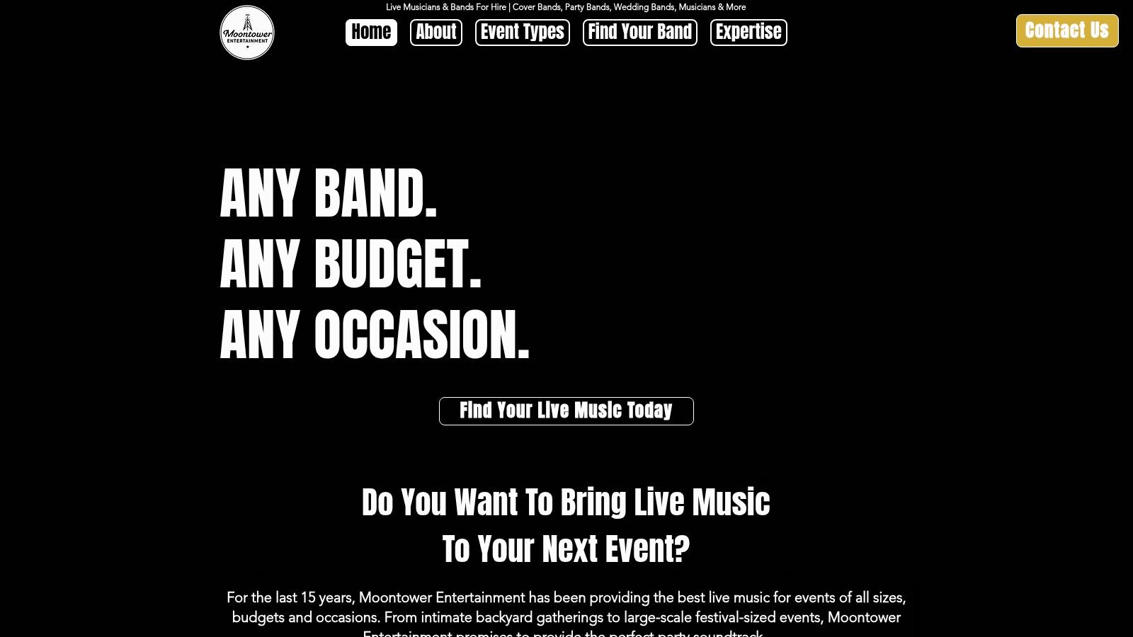 A live band performing on stage at a Moontower Entertainment event.