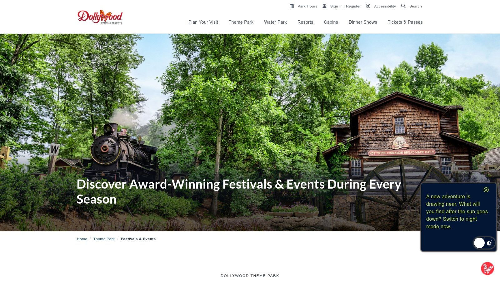 The vibrant and colorful Dollywood festivals page showing upcoming seasonal events