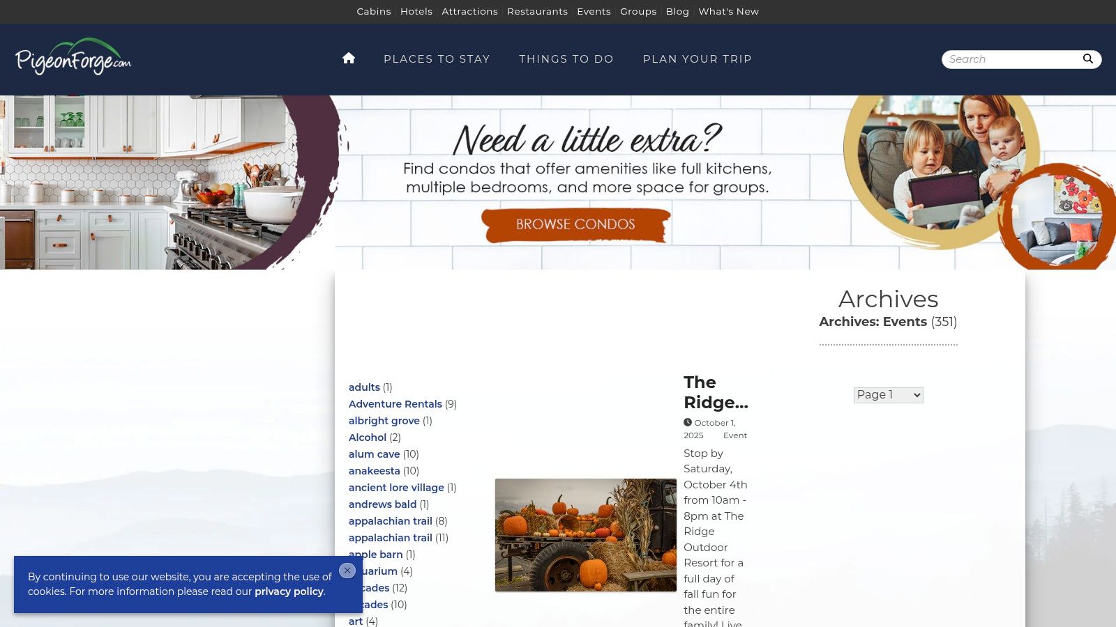 The events calendar interface on PigeonForge.com, showing a list of upcoming attractions and festivals