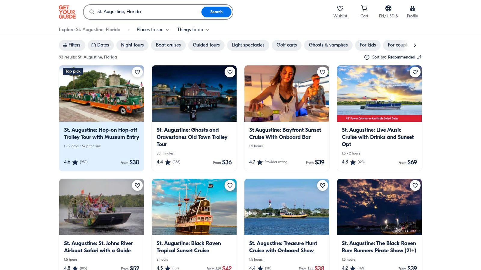 GetYourGuide homepage showing a search for St. Augustine with tour options