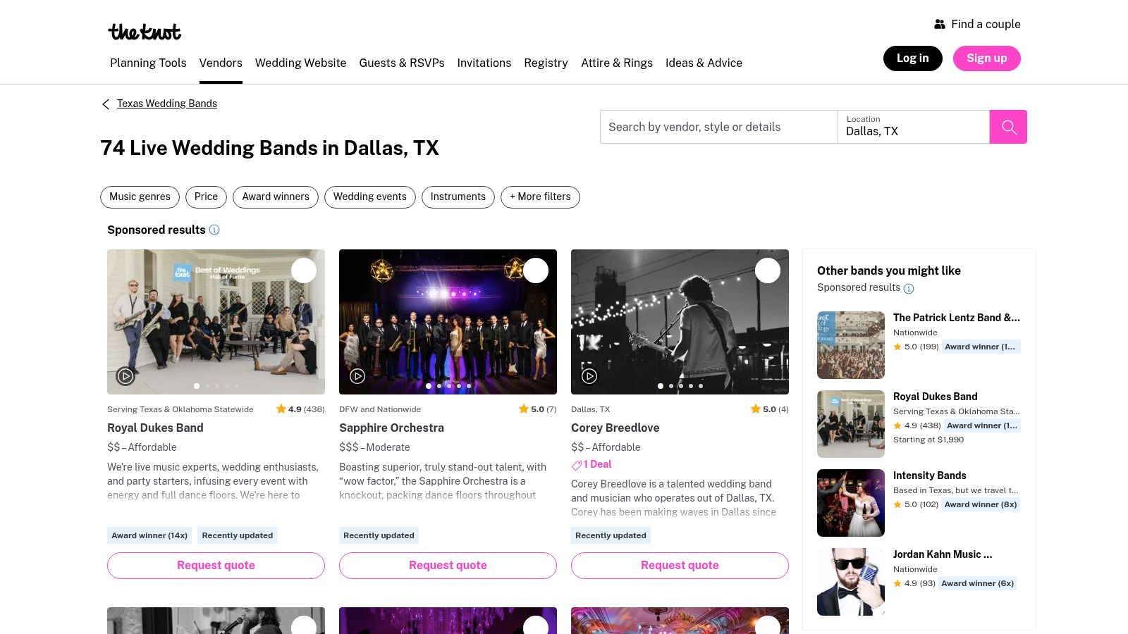 The Knot's marketplace is tailored for couples seeking live bands in Dallas, Texas, for their wedding day.