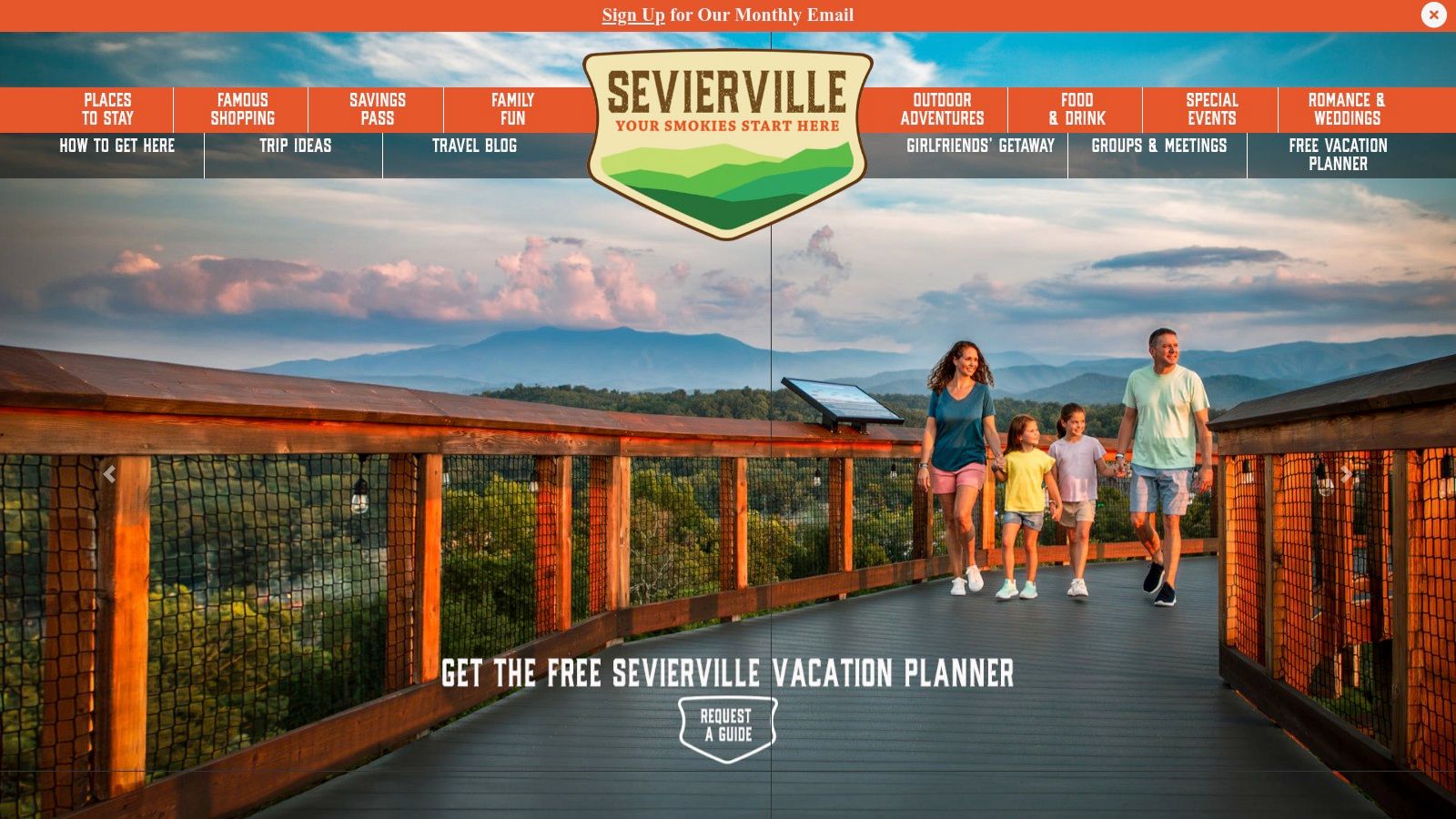 Official tourism website homepage for Visit Sevierville, featuring a family enjoying the Smoky Mountains.