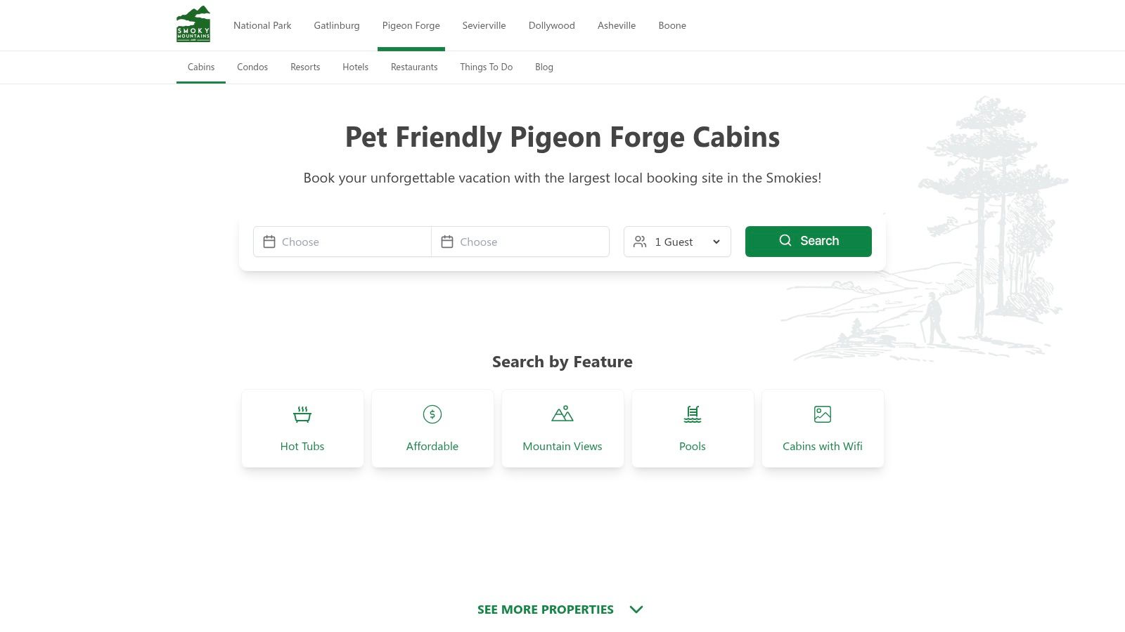 A screenshot of the SmokyMountains.com website showing a search for pet-friendly cabins.
