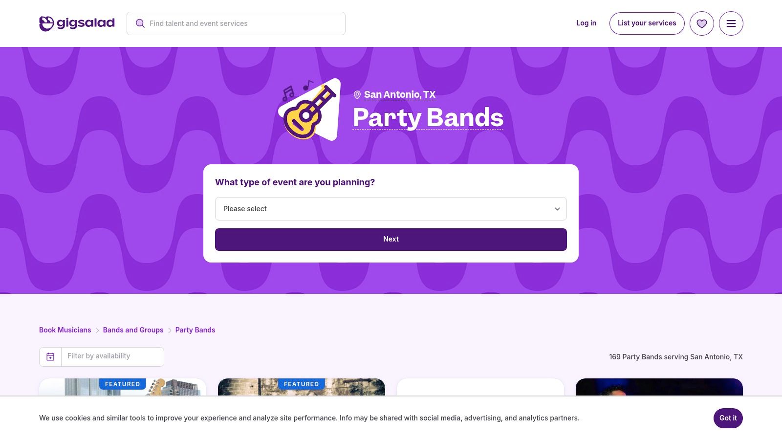 A screenshot of the GigSalad website showing a variety of San Antonio party bands available for booking.