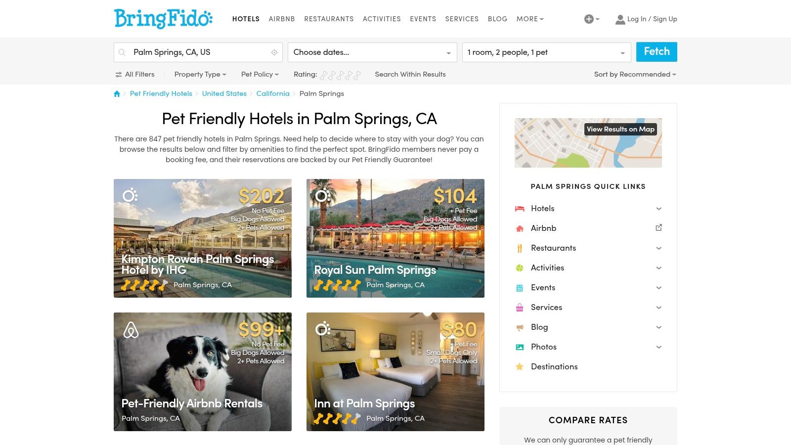 A screenshot of the BringFido website showing dog-friendly hotel listings in Palm Springs, with a large, friendly dog in the hero image.