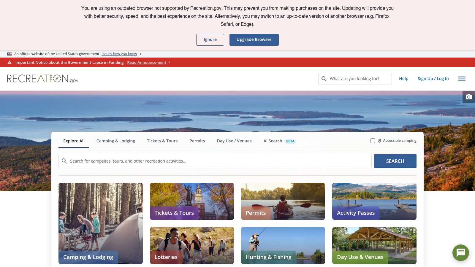 A screenshot of the Recreation.gov website showing a map of the United States with various pins indicating reservable locations, with search filters for activities and dates visible on the left.