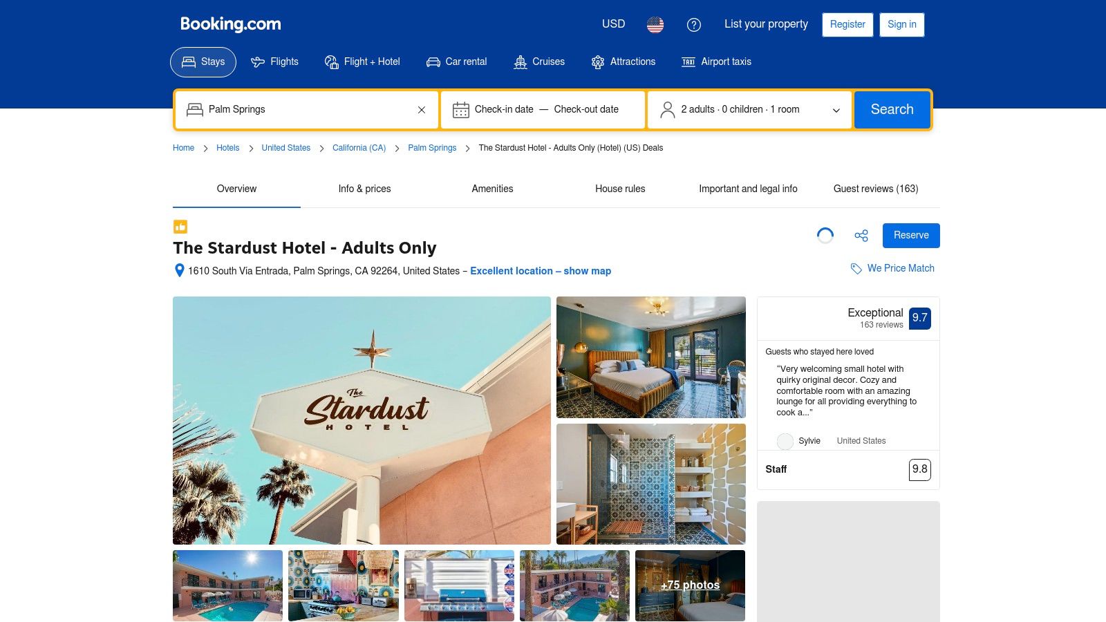 Booking.com (example: The Stardust Hotel page)