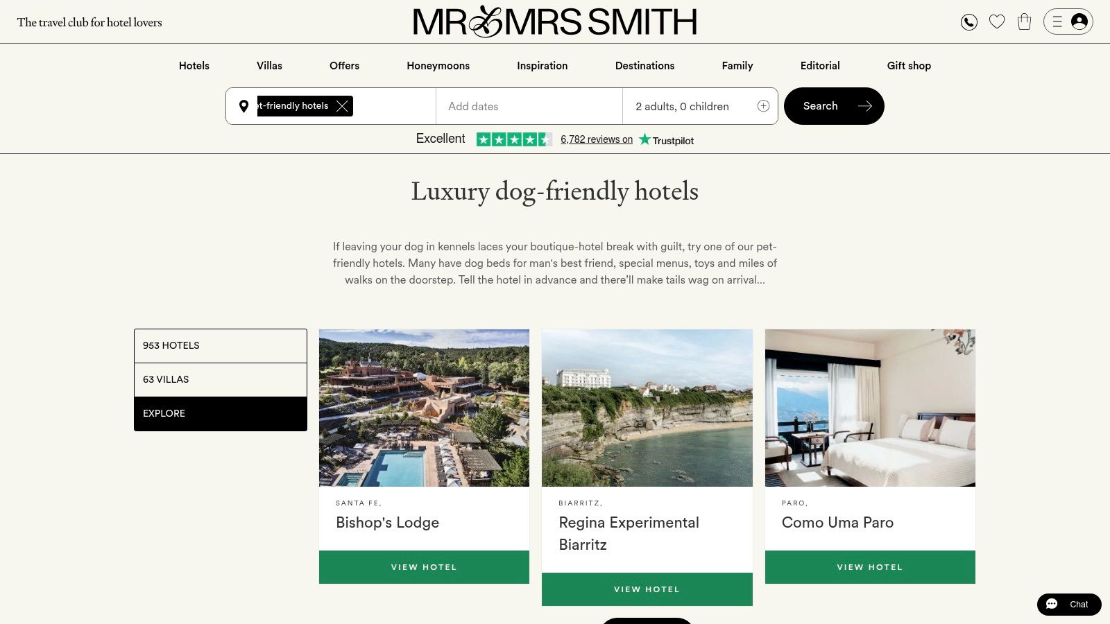 A screenshot of the Mr &amp; Mrs Smith website showing search results for pet-friendly boutique hotels.