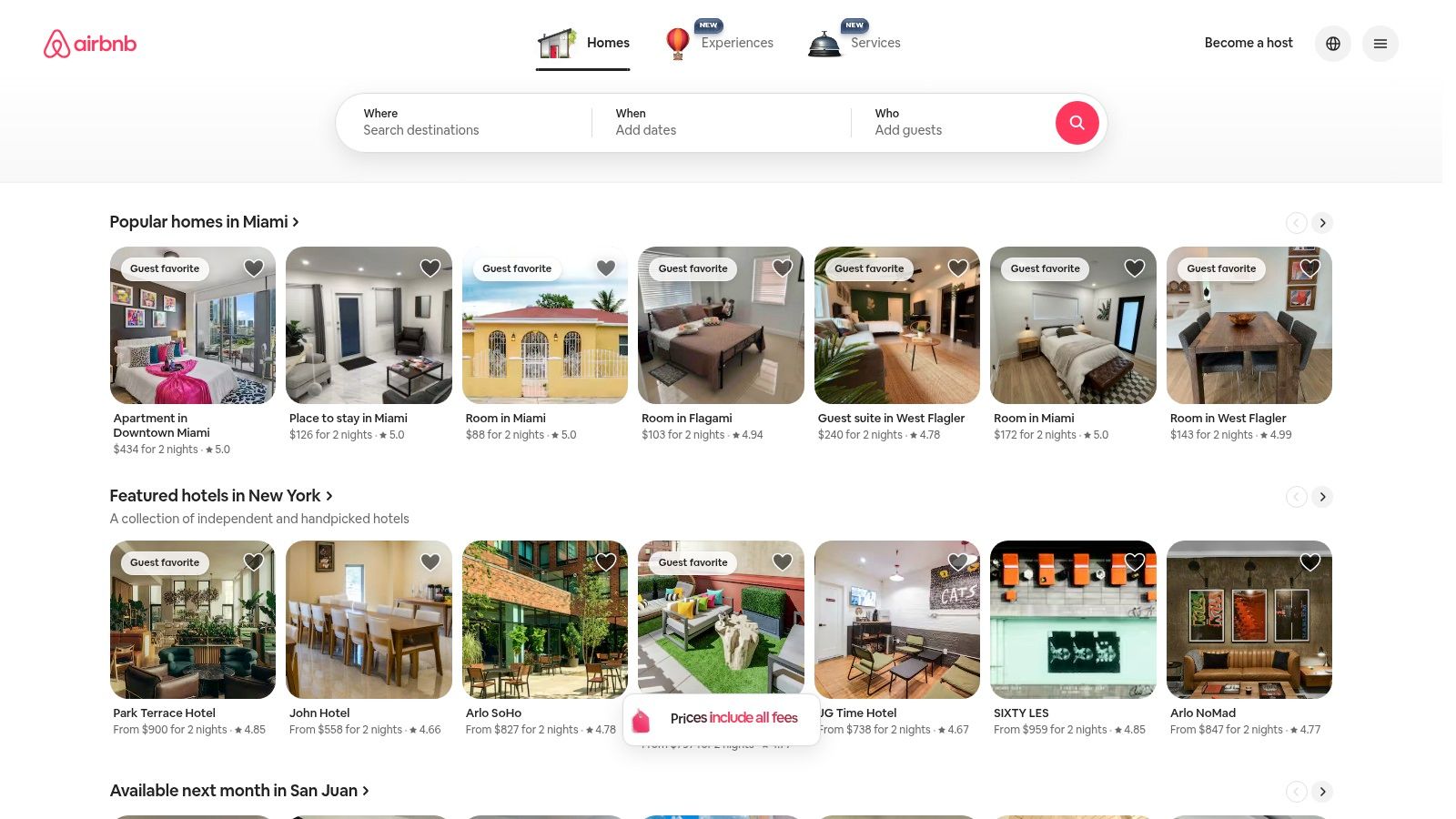 A screenshot of the Airbnb website, showcasing a search for large group homes with filters for amenities like pools and kitchens, displaying various properties with nightly rates and photos.