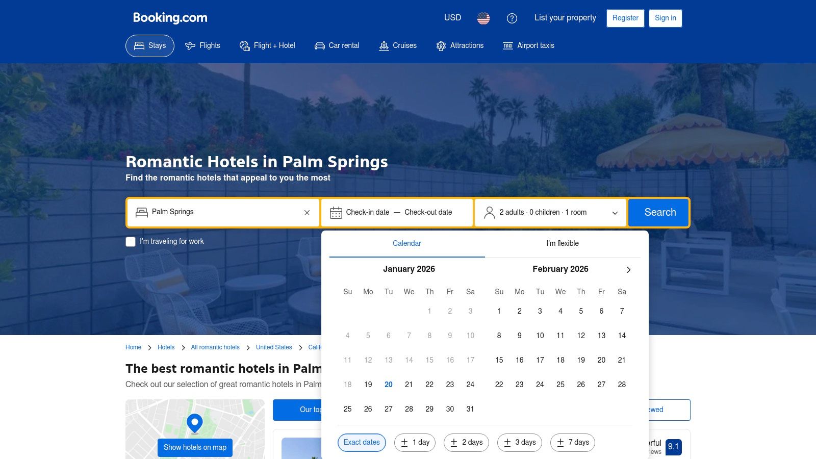 A screenshot of the Booking.com interface showing a map and list of hotels in Palm Springs