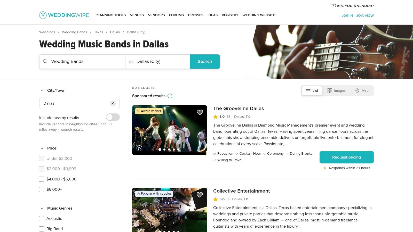 WeddingWire provides robust profiles and reviews for live bands in Dallas, Texas, to help with wedding planning.