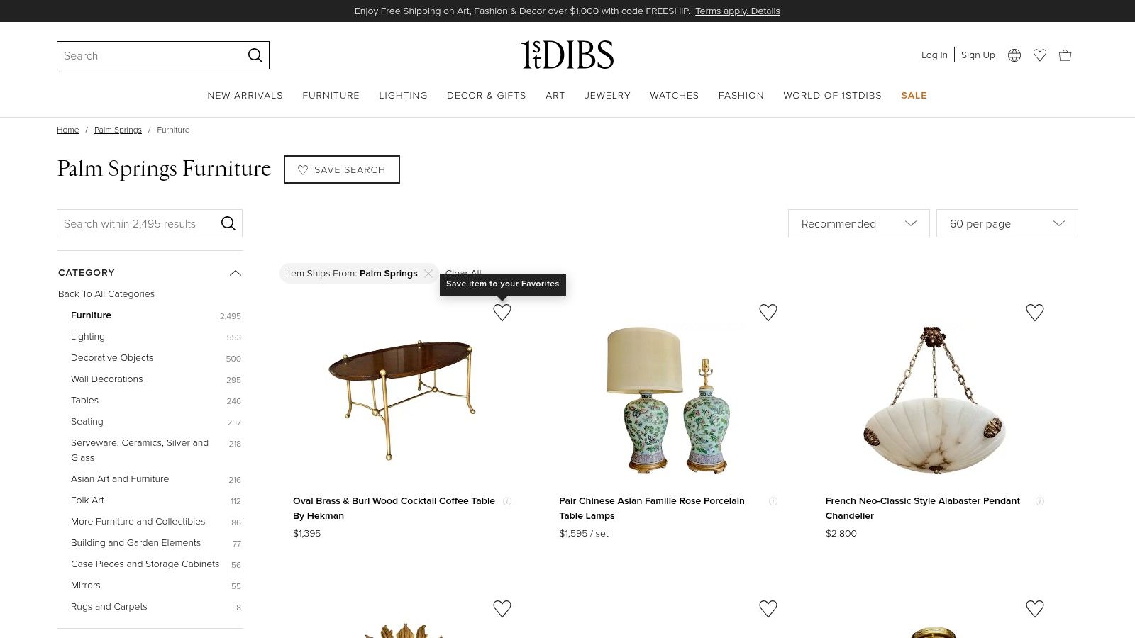 A curated collection of vintage furniture and art pieces available on the 1stDibs website, showcasing high-end design.