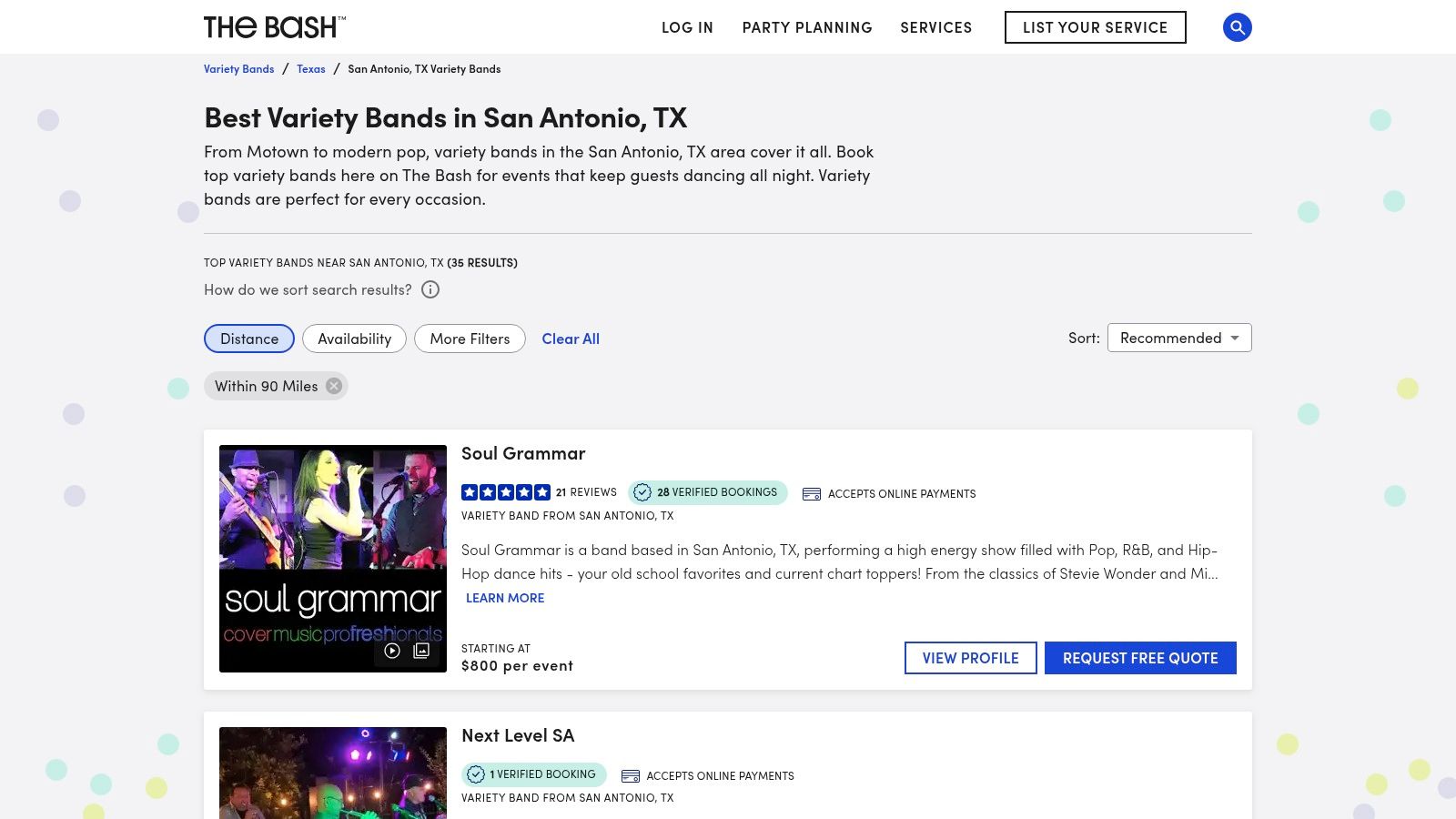 A screenshot of The Bash website showing a list of San Antonio corporate bands with photos, names, and starting prices.