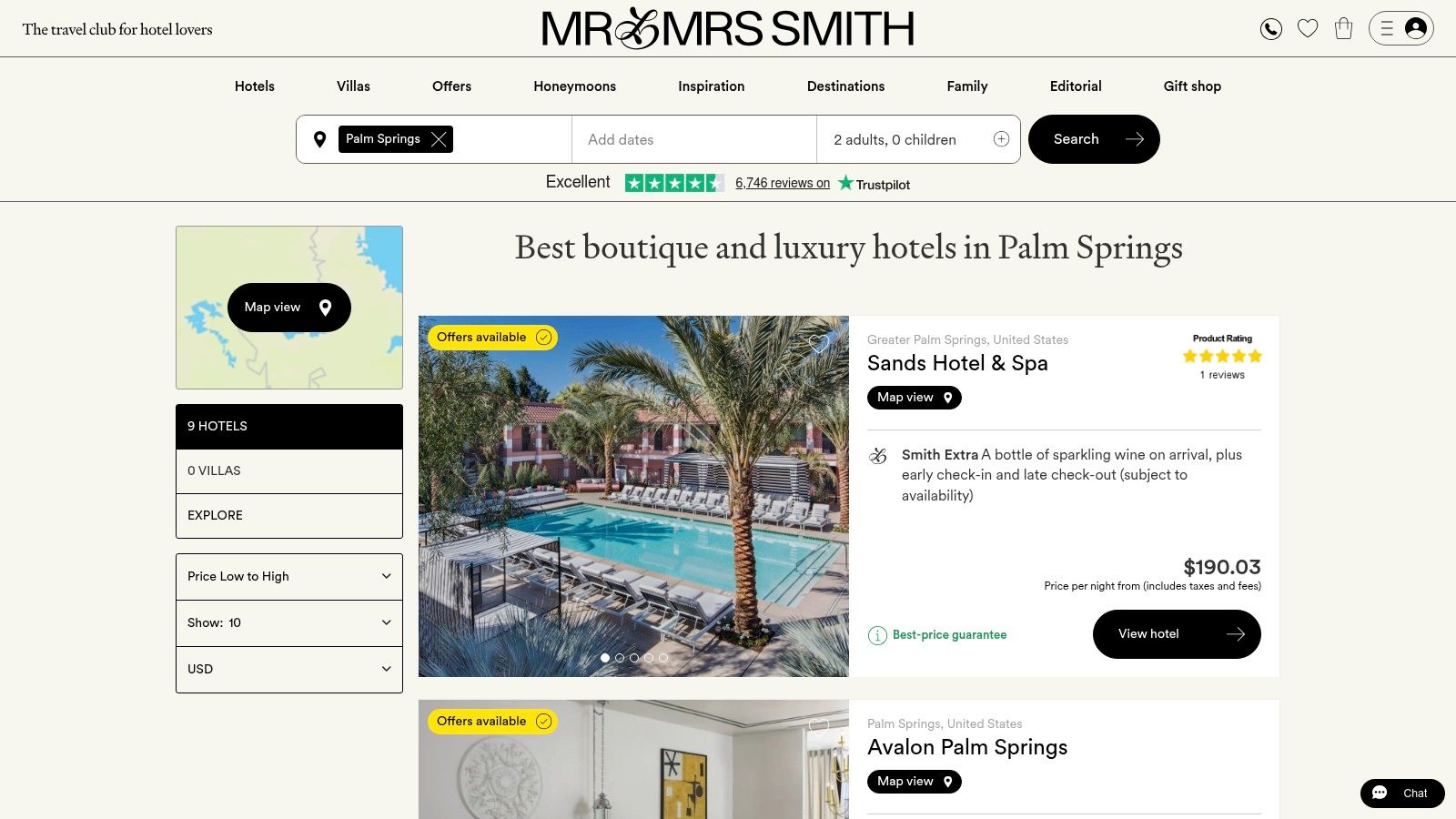 A screenshot of the Mr &amp; Mrs Smith website showcasing a stylish Palm Springs hotel