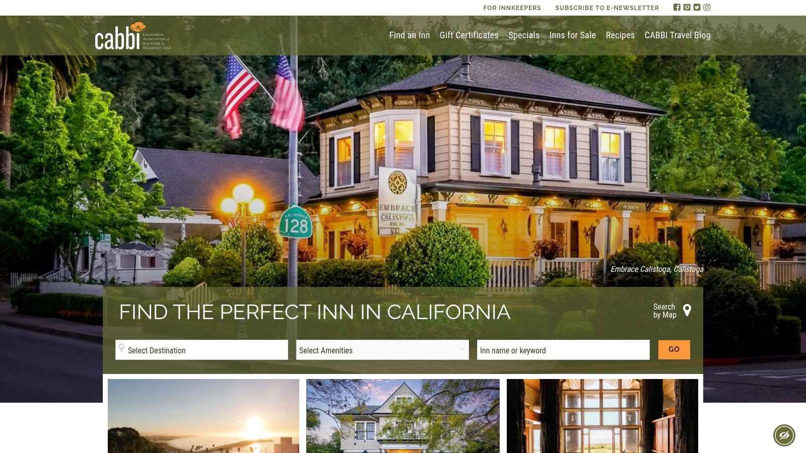 A screenshot of the CABBI website showing a featured inn with a large photo and search filters for region and amenities.