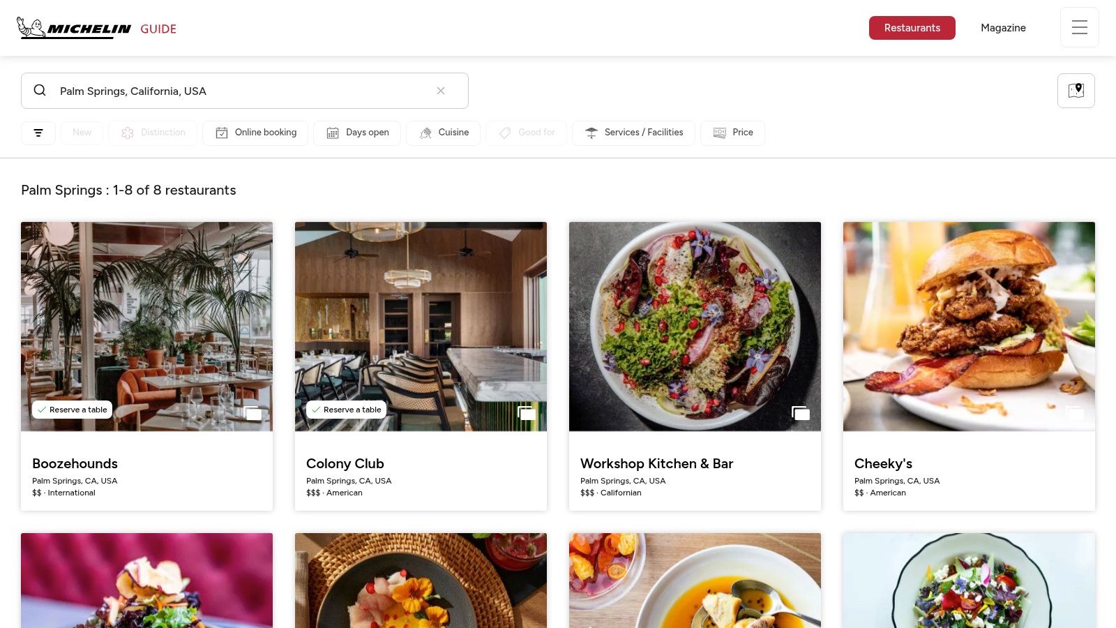 A screenshot of the MICHELIN Guide website showing a list of restaurants in Palm Springs with their respective ratings and short descriptions.