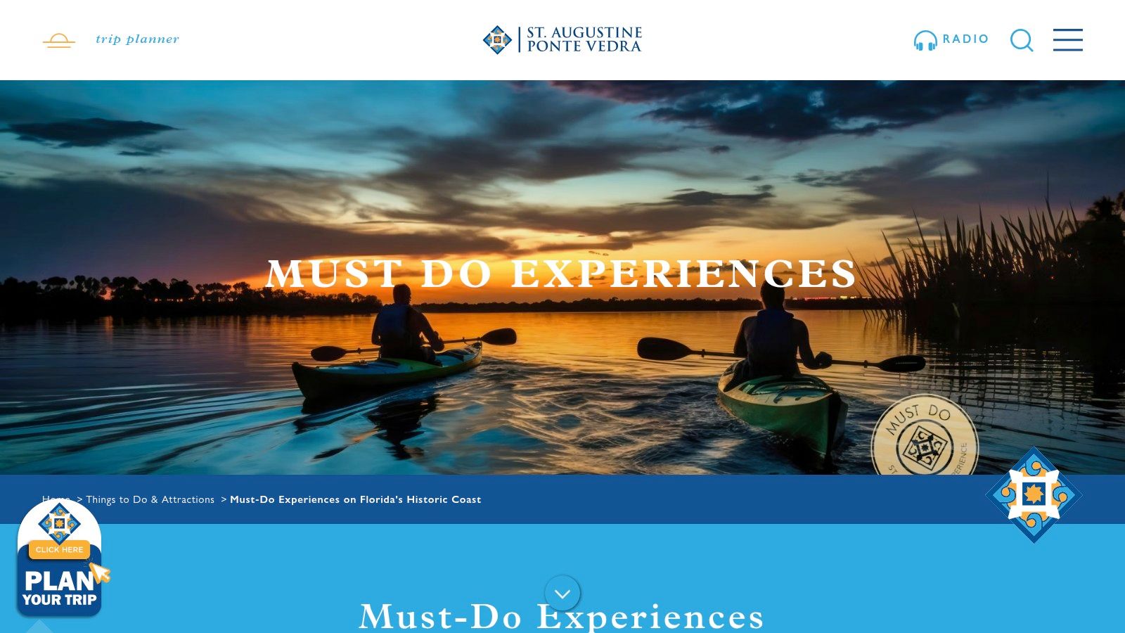 Florida’s Historic Coast website showing people kayaking near the St. Augustine lighthouse at sunset