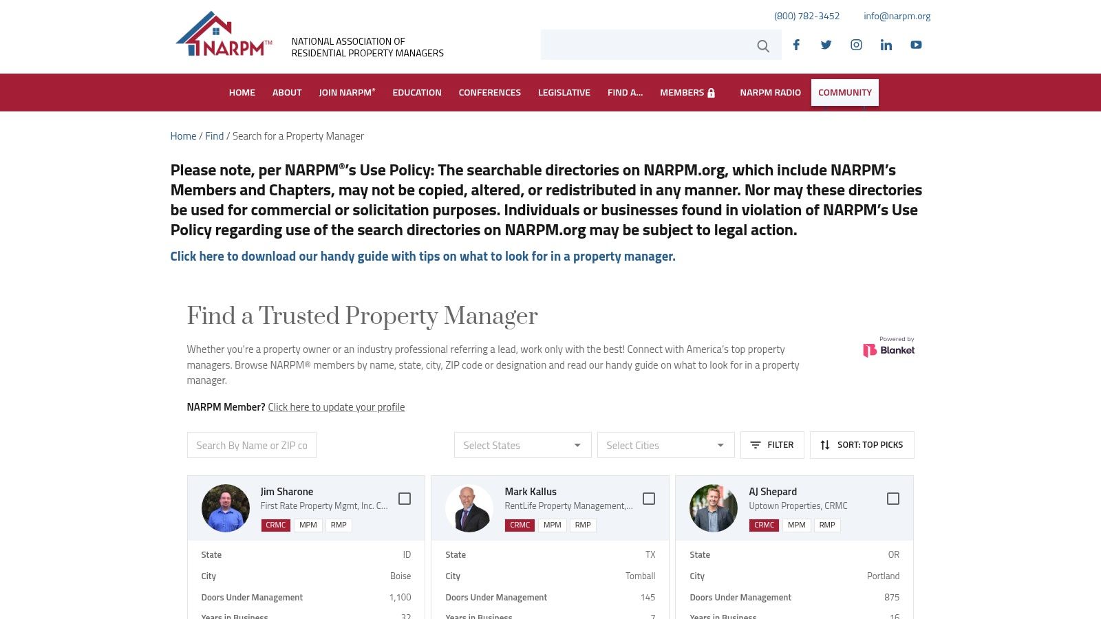 A screenshot of the NARPM website interface, showing the "Find a Property Manager" search tool.