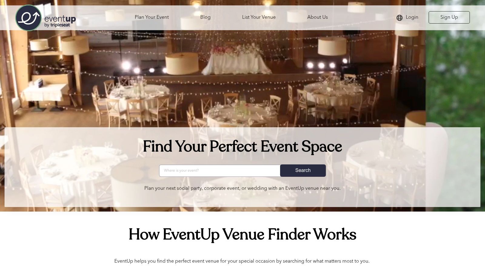 A screenshot of the EventUp website, showing a search for venues with professional photos, venue types, and an inquiry form.