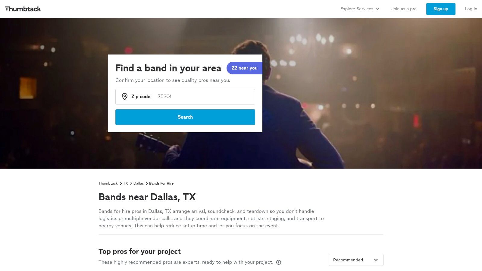 Thumbtack's platform allows you to post your event details and receive quotes from available live bands in Dallas, Texas.