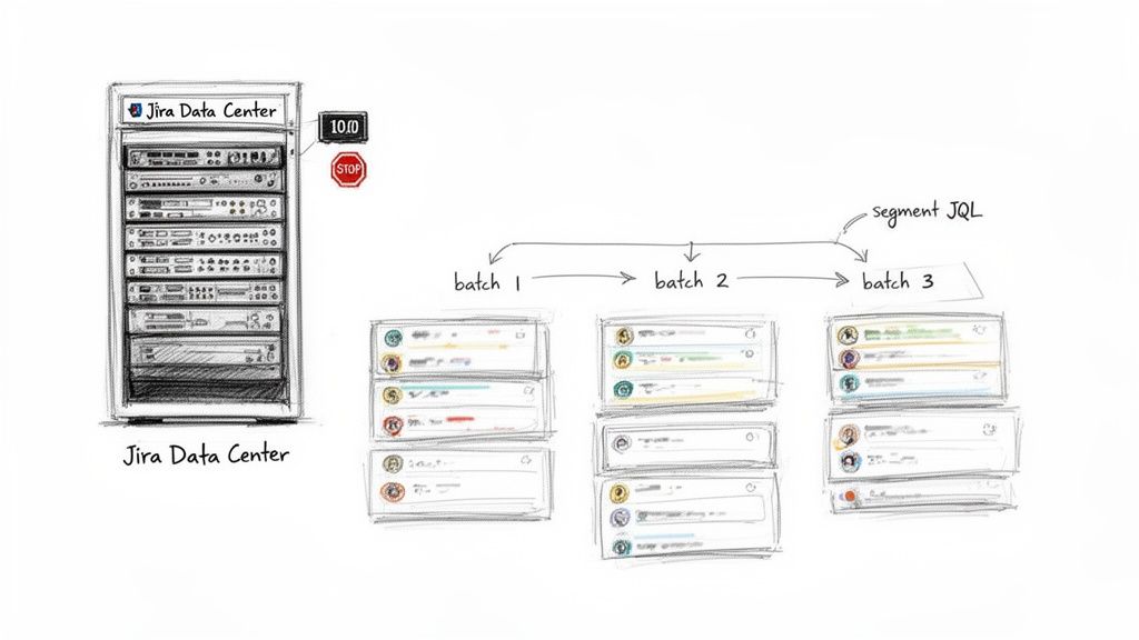 Diagram showing Jira Data Center, JQL segmentation, and issues processed in three batches.