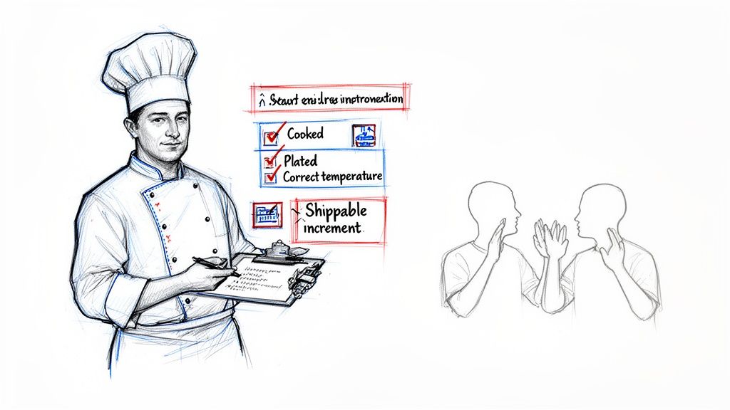 A chef checks a list of criteria including 'Shippable increment,' illustrating the Definition of Done.
