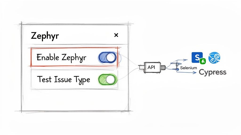 Zephyr for Jira UI settings connecting to API, Selenium, and Cypress testing tools.