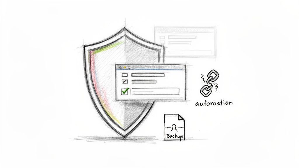 A sketch illustrating system protection with a shield, process windows, broken automation, and data backup.