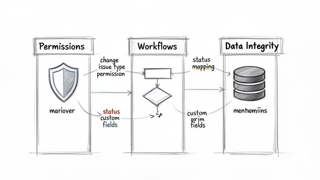 A hand-drawn diagram illustrating the interaction between permissions, workflows, and data integrity in a system.