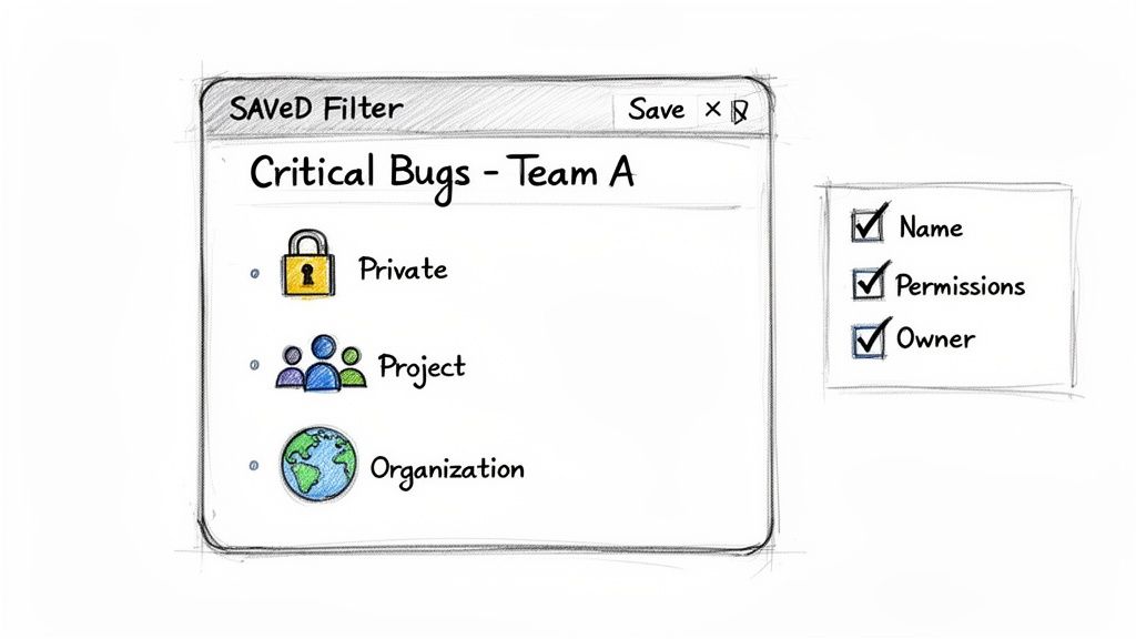 A sketch of a filter setup window for 'Critical Bugs - Team A' showing visibility options.