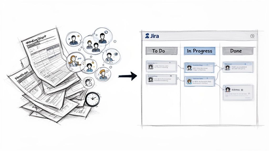 Visualizing the shift from traditional paper-based project management to efficient digital Jira scrum boards.