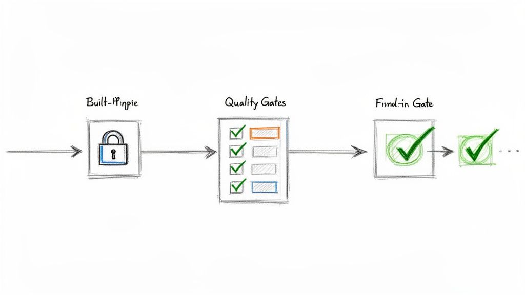 A visual diagram illustrating a process flow: Built-in Gate (padlock), Quality Gates (checklist), and a successful Final-in Gate (checkmark).