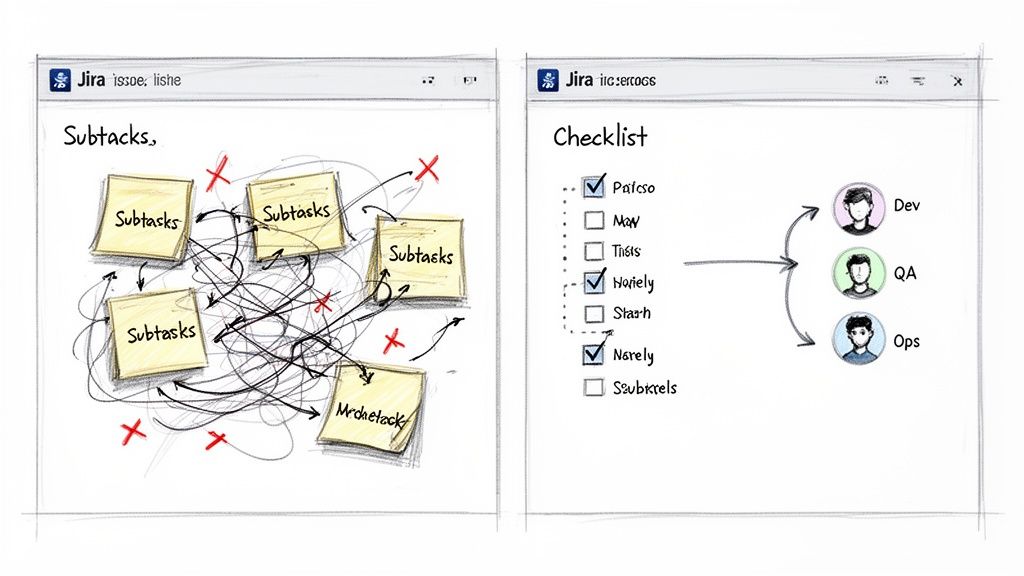 Two sketched Jira screens: one with tangled subtasks, the other a checklist assigned to Dev, QA, Ops.